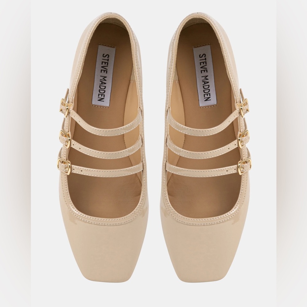 Steve Madden ‘STOIC NATURAL PATENT’ Beige Triple Strap Flats - Picture 2 of 2